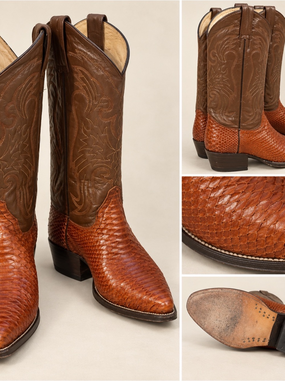 Women's Two-Tone Brown Leather Western Heels - Textured Vamp